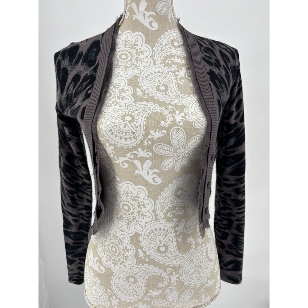 Neiman Marcus XS Leopard Print Cropped Cardigan Angora Cashmere Silk Trim